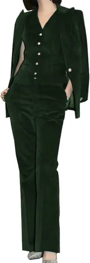 Women Velvet Pant Suits Peaked Lapel Wedding Tuxedos 3 Piece Blazer Jacket Vest Pants