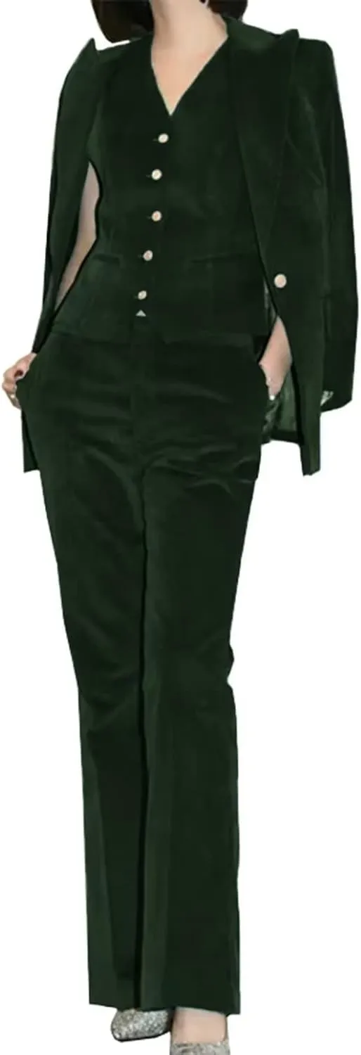 Women Velvet Pant Suits Peaked Lapel Wedding Tuxedos 3 Piece Blazer Jacket Vest Pants