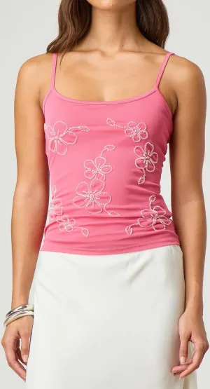 Women Y2k Beaded Cami Top Sexy Sleeveless Floral Beaded Mesh Camisole Spaghetti Strap Backless Summer Crop Tank Top