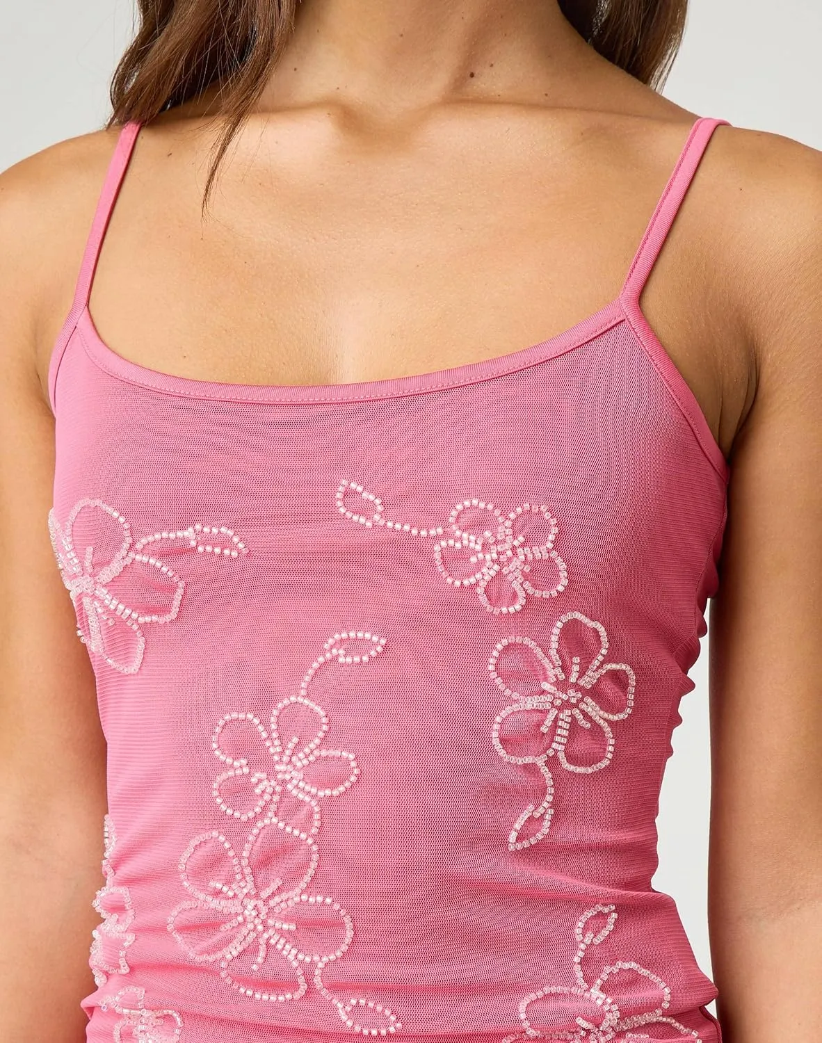 Women Y2k Beaded Cami Top Sexy Sleeveless Floral Beaded Mesh Camisole Spaghetti Strap Backless Summer Crop Tank Top
