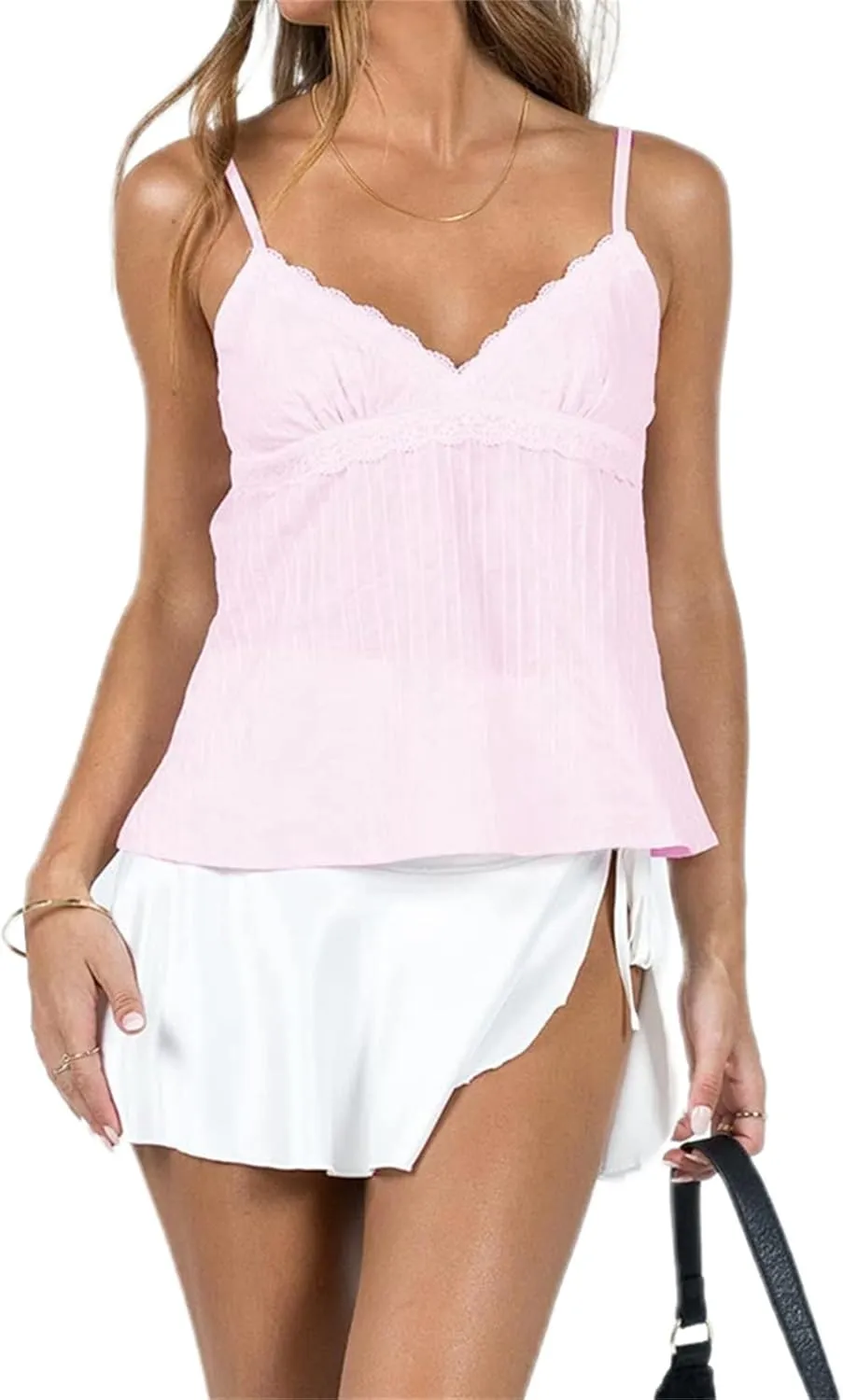 Women Y2k Fairycore Lace Trim Backless Camisoles Top Sexy Low Cut Spaghetti Strap Top Grunge Summer Tank Streetwear