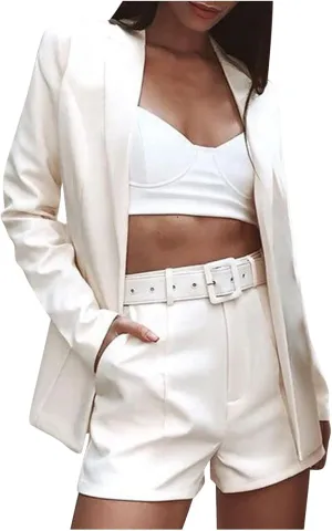 Women's 3 Piece Office Work Suit Set Long Sleeves Blazer  Shorts with Belt Solid Casual Lapel Front Open Cardigan