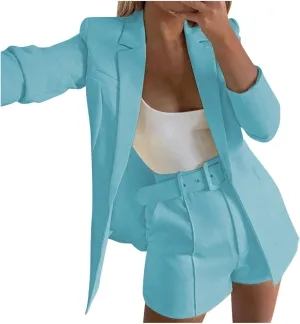 Women's 3 Piece Office Work Suit Set Long Sleeves Blazer  Shorts with Belt Solid Casual Lapel Front Open Cardigan