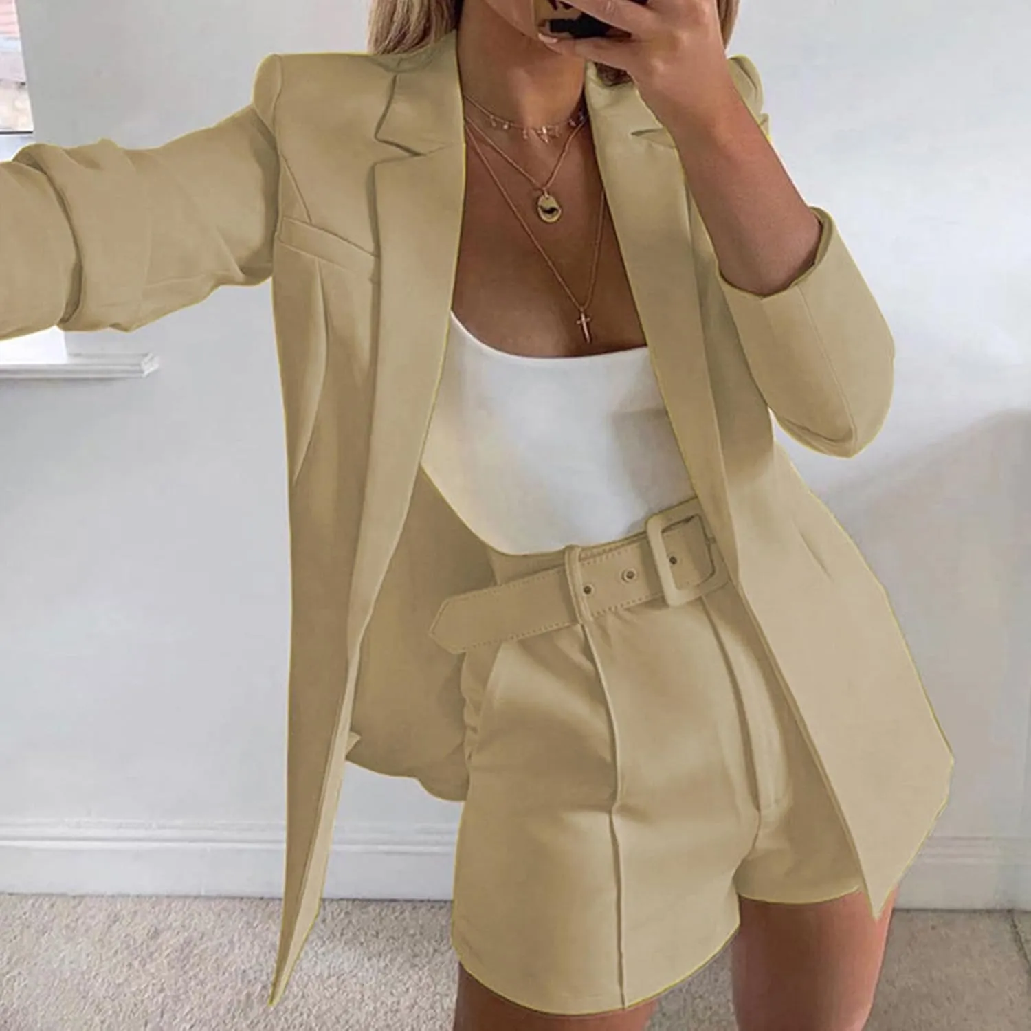 Women's 3 Piece Office Work Suit Set Long Sleeves Blazer  Shorts with Belt Solid Casual Lapel Front Open Cardigan