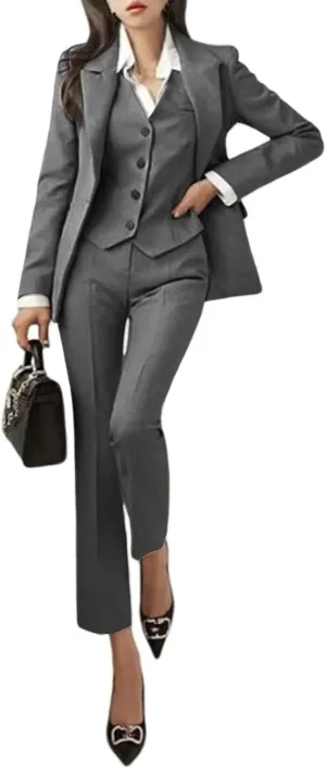 Women's 3 Piece Outfits Long Sleeve Blazer Solid Business Suit Sets Jacket Vest Pant