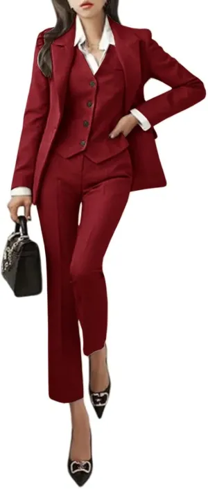 Women's 3 Piece Outfits Long Sleeve Blazer Solid Business Suit Sets Jacket Vest Pant