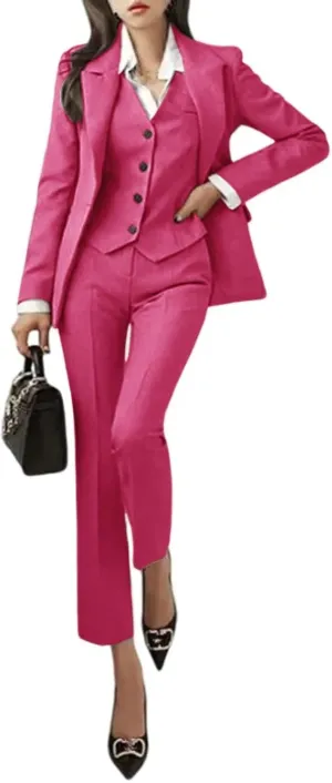 Women's 3 Piece Outfits Long Sleeve Blazer Solid Business Suit Sets Jacket Vest Pant