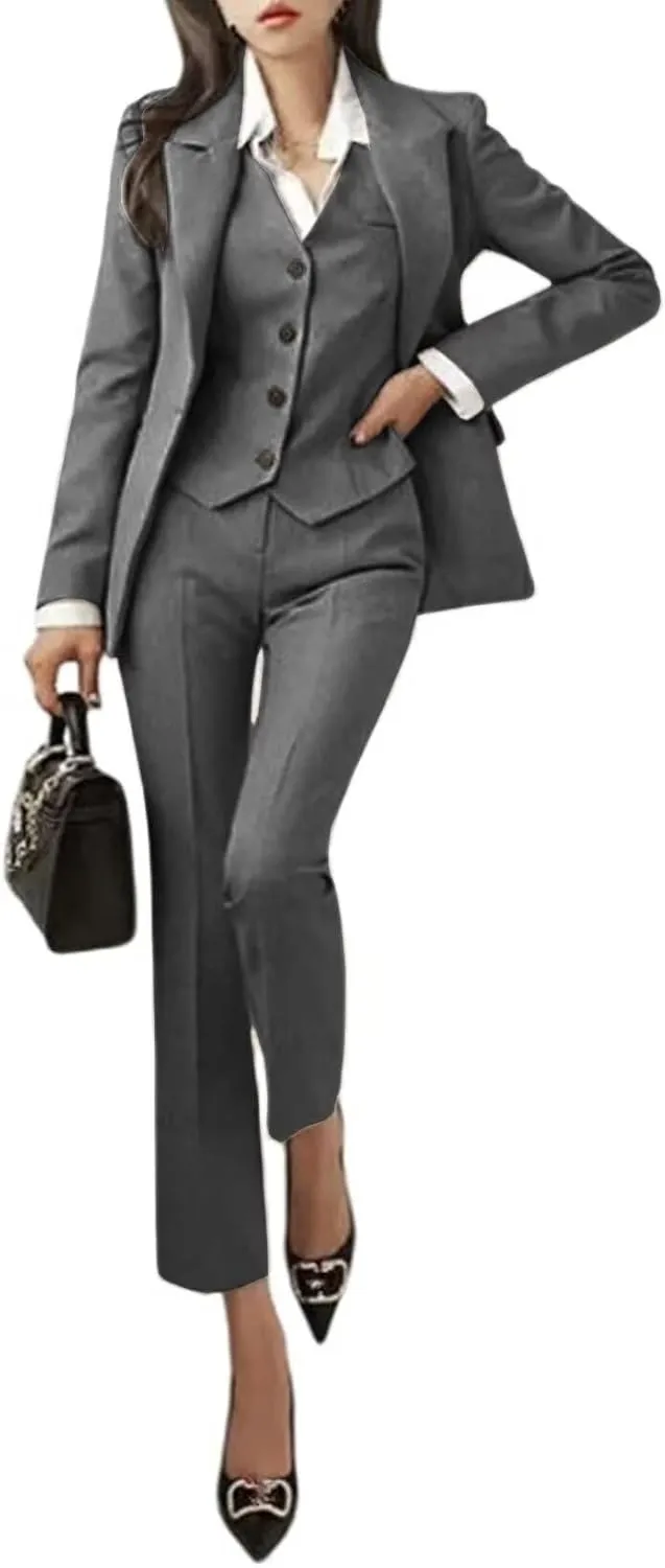 Women's 3 Piece Outfits Long Sleeve Blazer Solid Business Suit Sets Jacket Vest Pant