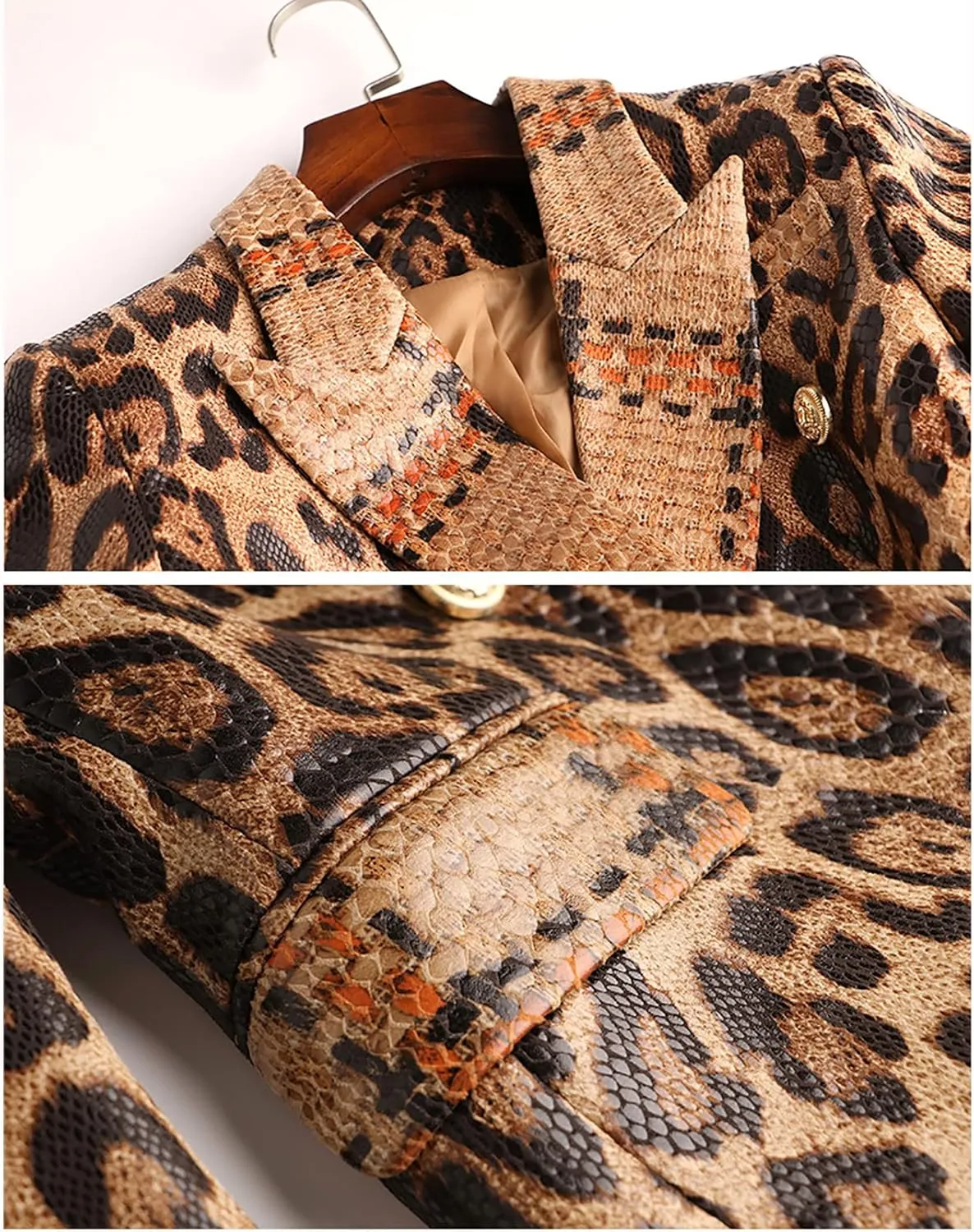 Women's Blazer Jacket Leopard Print Pu Leather Lady Business Office Work Blazer Suits Jackets Coats Outwear Party Dinner Prom