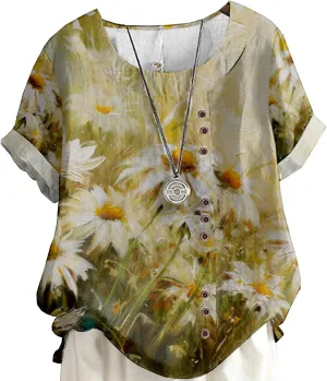 Women's Boho Floral Print Shirt Short Sleeve Casual Button Shirts Round Neck T-Shirt Summer Fashion Loose Tunic Tops