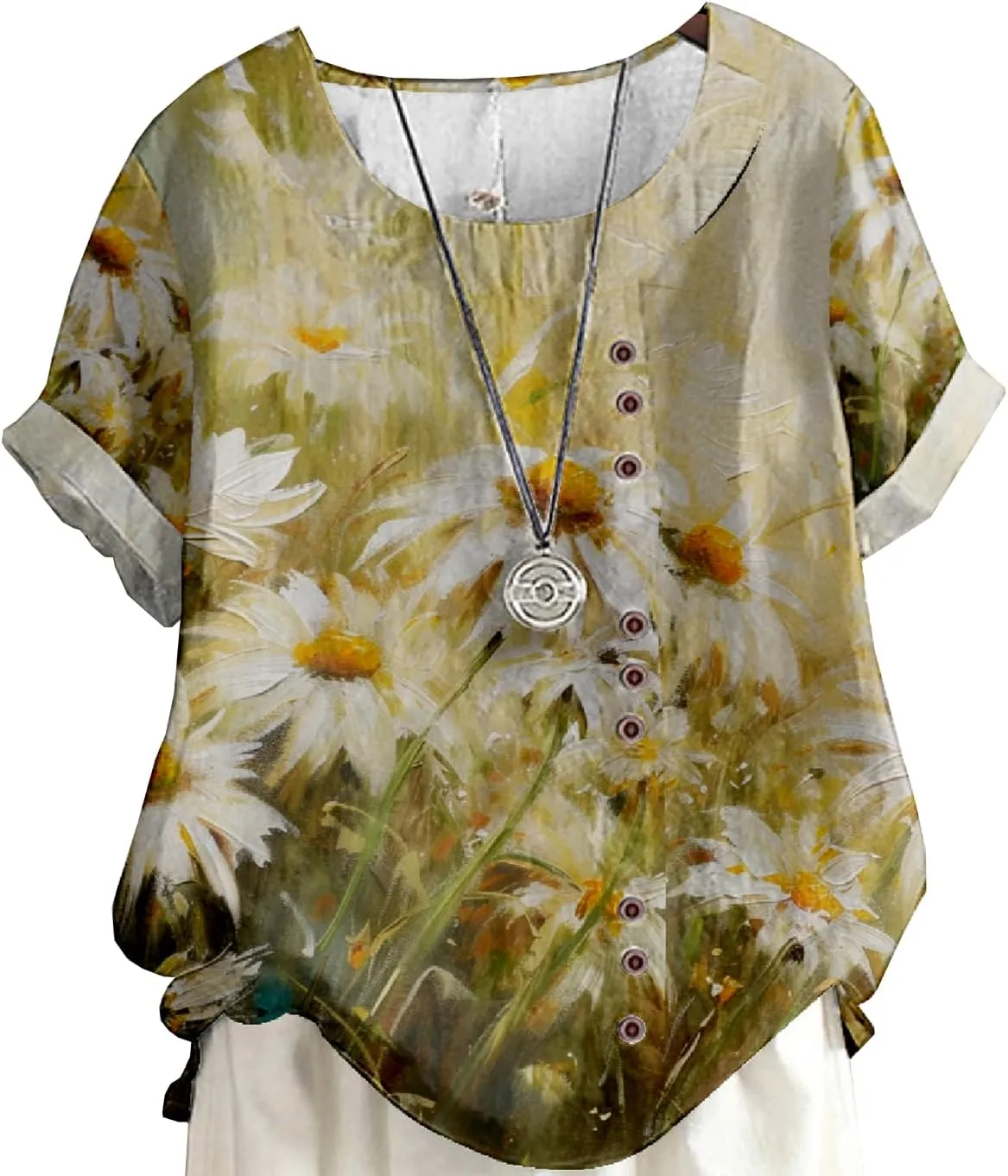 Women's Boho Floral Print Shirt Short Sleeve Casual Button Shirts Round Neck T-Shirt Summer Fashion Loose Tunic Tops