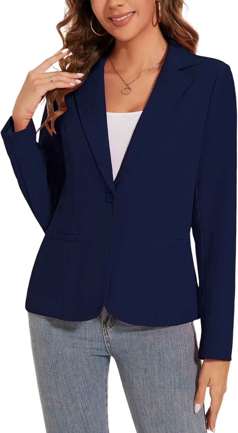 Women's Button Front Blazer Jackets Long Sleeve Lapel Business Casual Office Work Lightweight Blazers with Pocket