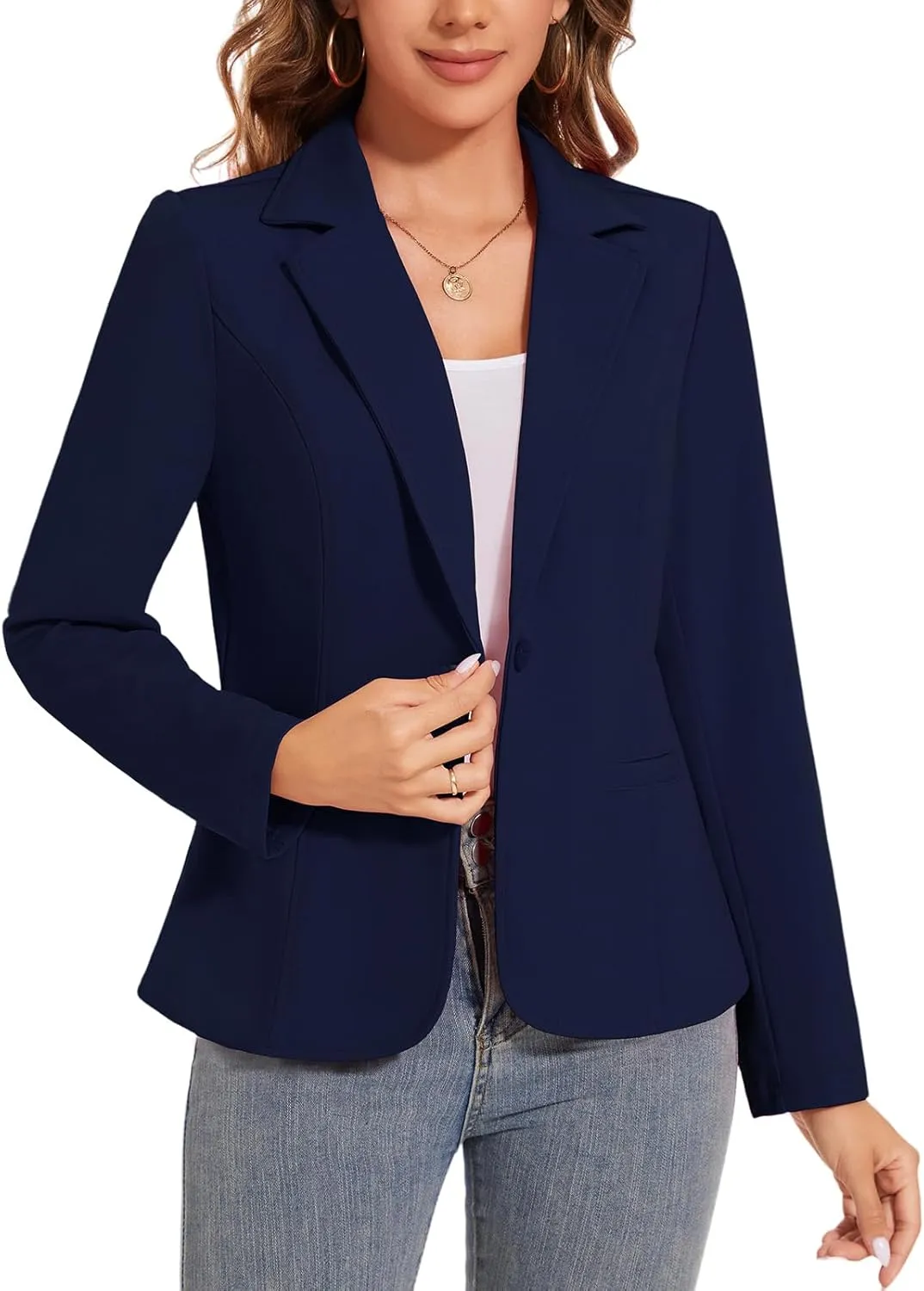 Women's Button Front Blazer Jackets Long Sleeve Lapel Business Casual Office Work Lightweight Blazers with Pocket