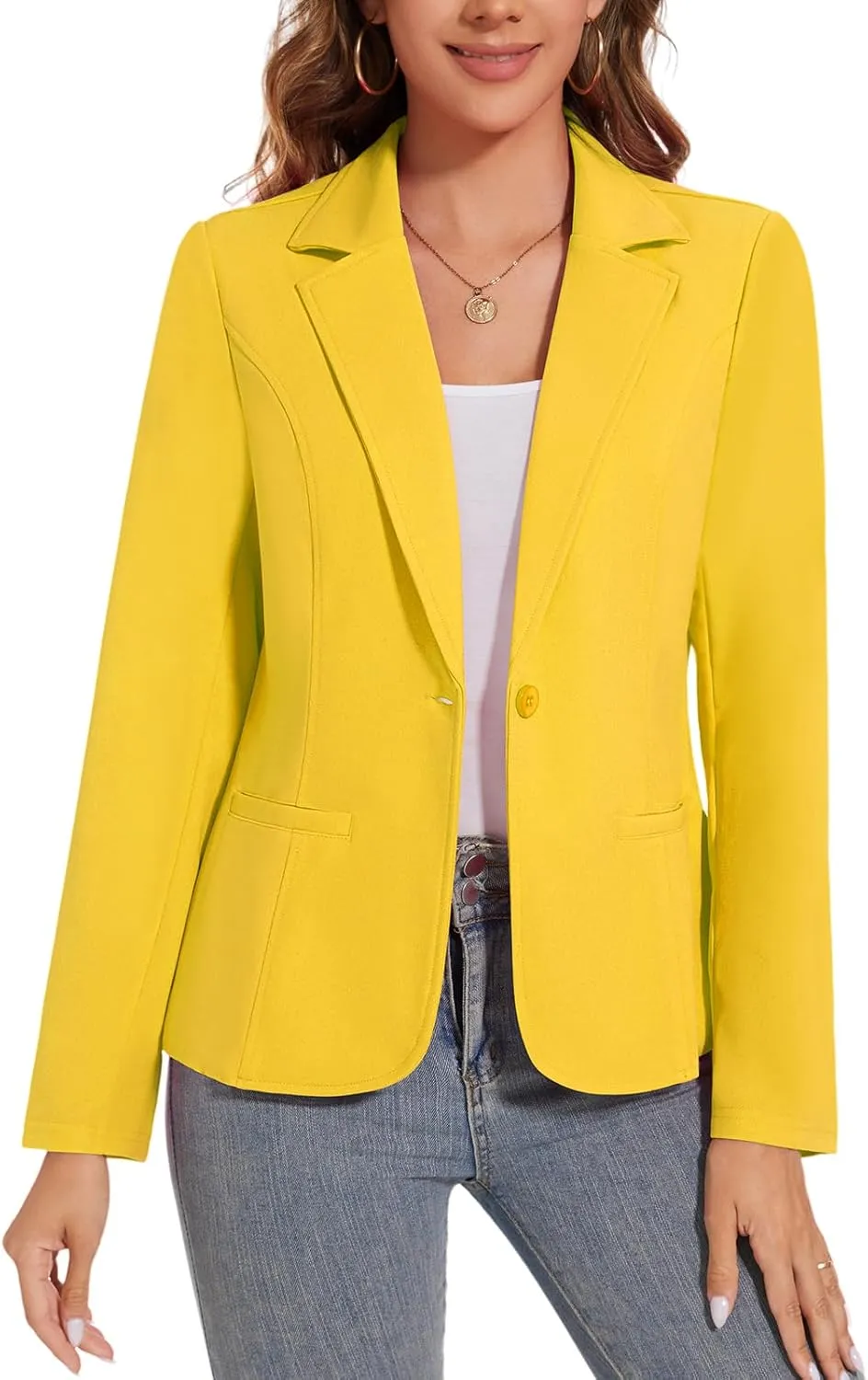 Women's Button Front Blazer Jackets Long Sleeve Lapel Business Casual Office Work Lightweight Blazers with Pocket