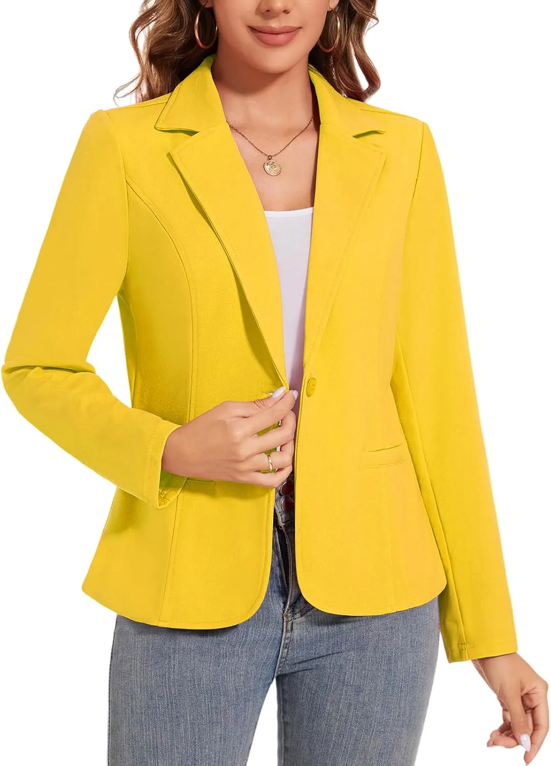 Women's Button Front Blazer Jackets Long Sleeve Lapel Business Casual Office Work Lightweight Blazers with Pocket