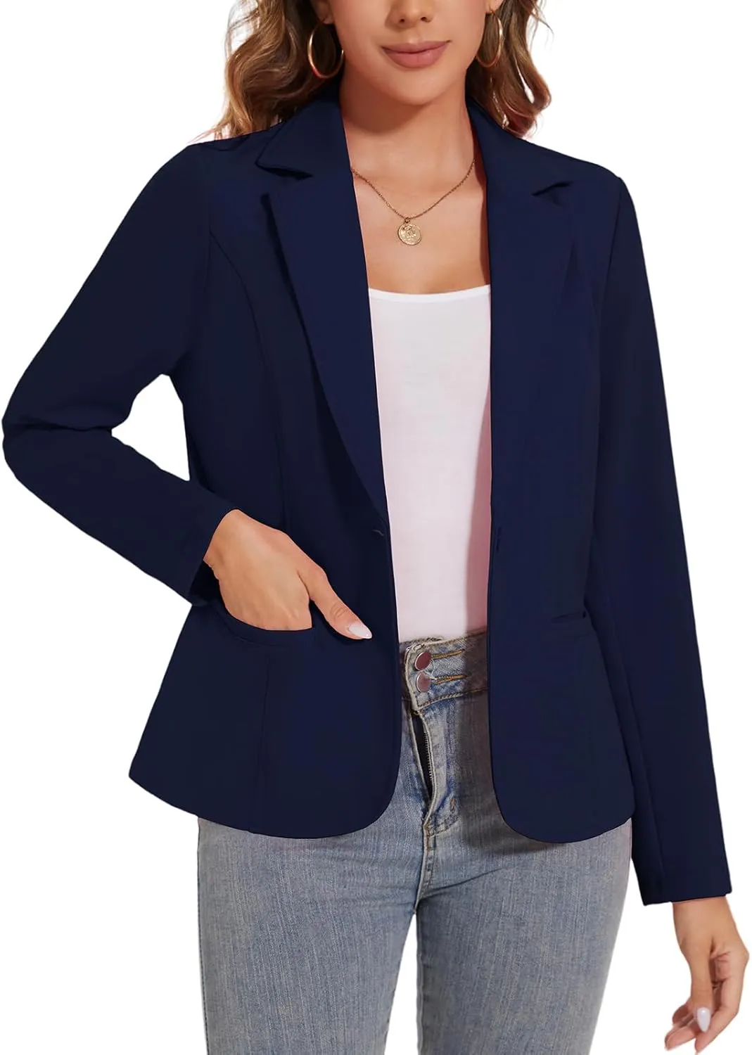 Women's Button Front Blazer Jackets Long Sleeve Lapel Business Casual Office Work Lightweight Blazers with Pocket