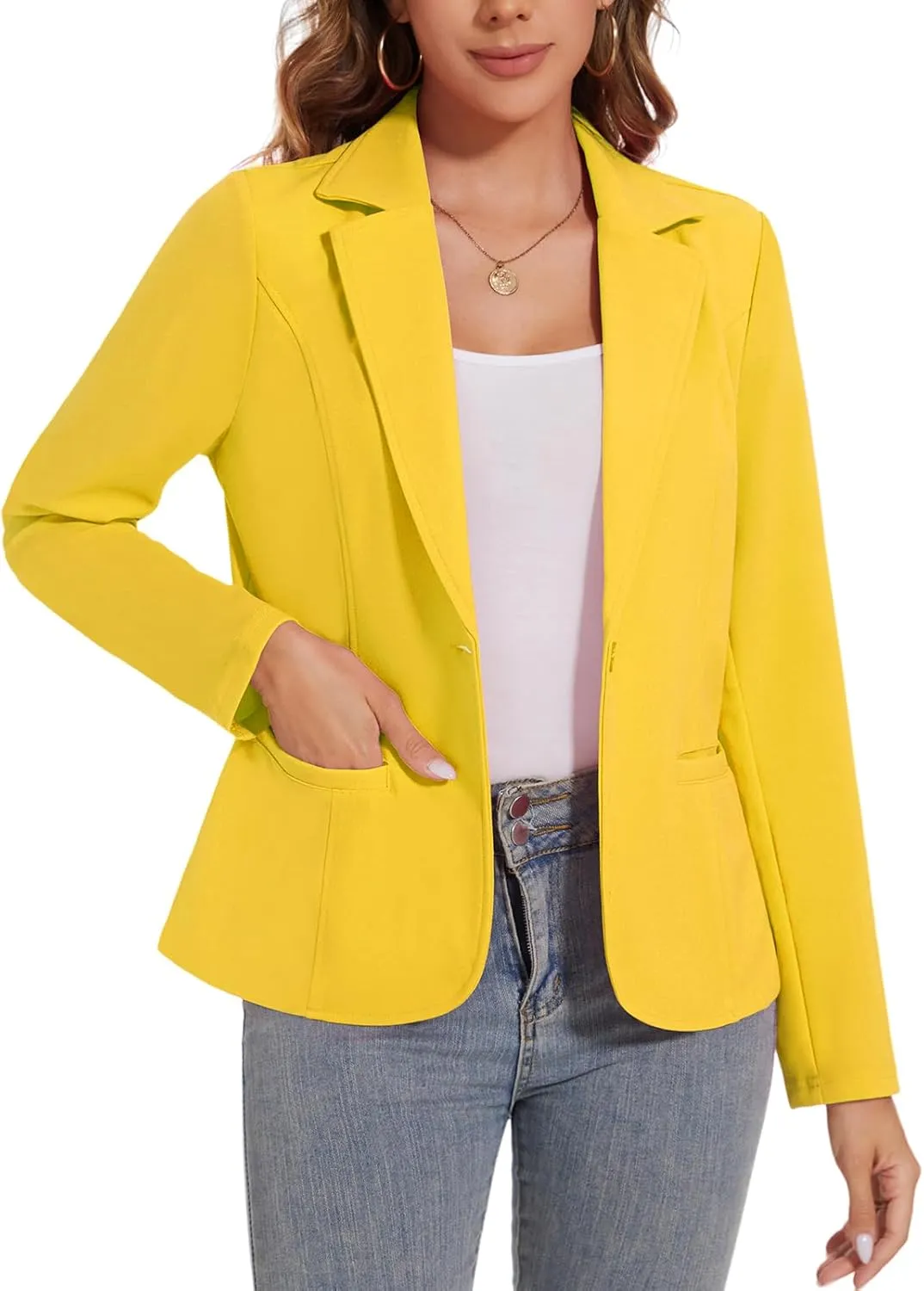Women's Button Front Blazer Jackets Long Sleeve Lapel Business Casual Office Work Lightweight Blazers with Pocket