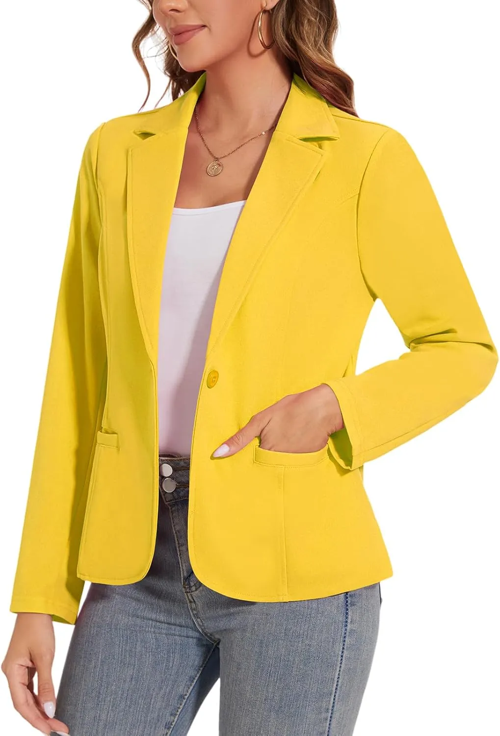 Women's Button Front Blazer Jackets Long Sleeve Lapel Business Casual Office Work Lightweight Blazers with Pocket