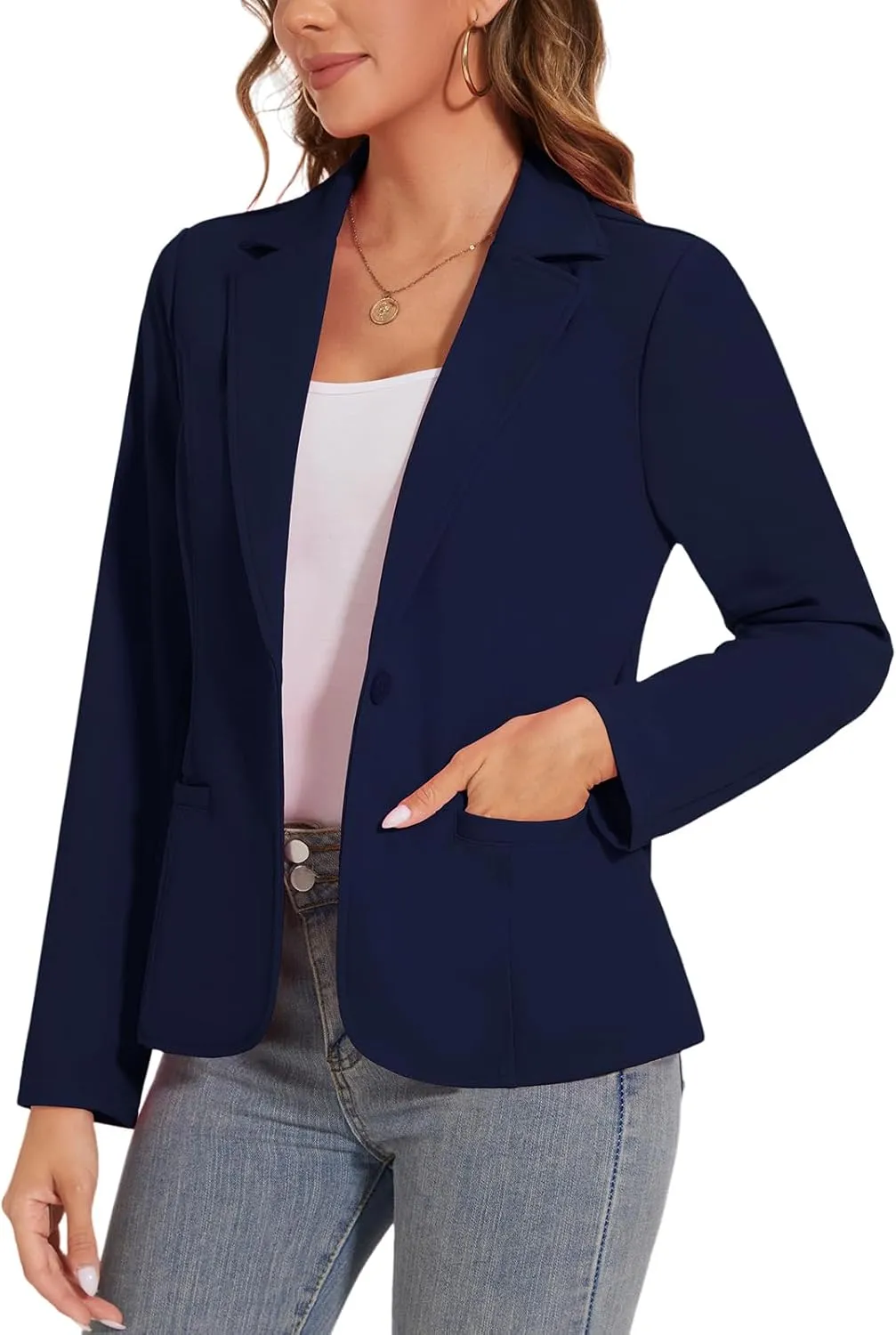 Women's Button Front Blazer Jackets Long Sleeve Lapel Business Casual Office Work Lightweight Blazers with Pocket