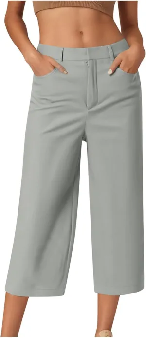 Womens Capri Pants Dressy Business Casual Dress Pants High Waisted Wide Leg Capris Summer Work Trousers with Pockets