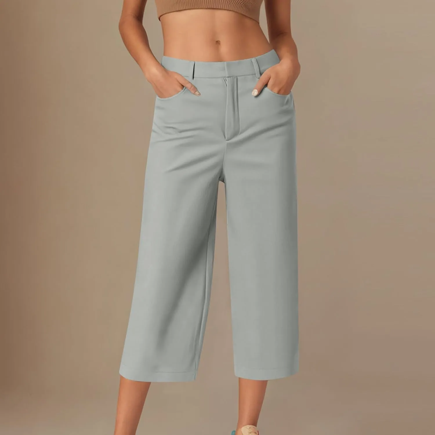 Womens Capri Pants Dressy Business Casual Dress Pants High Waisted Wide Leg Capris Summer Work Trousers with Pockets