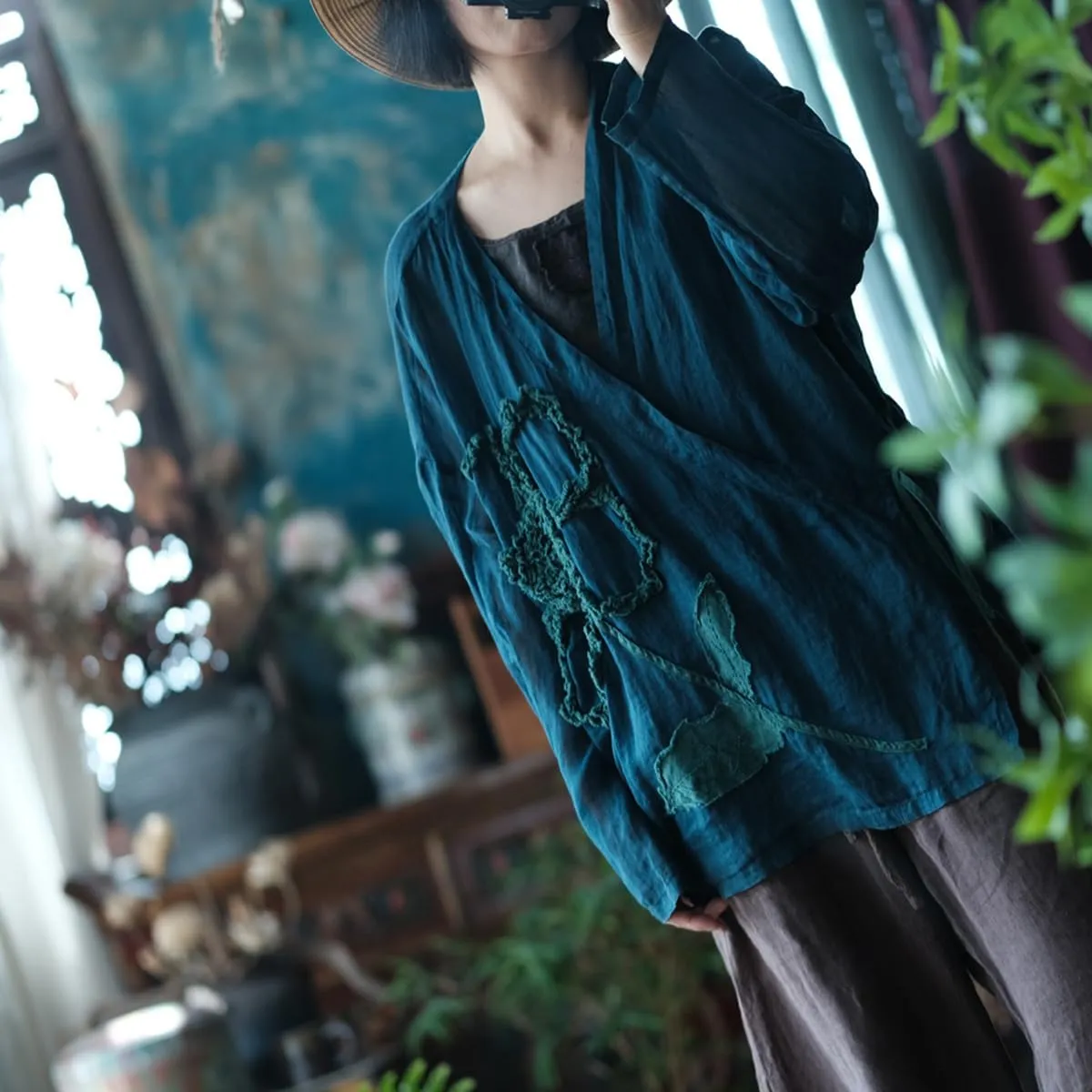Womens Cardigan Hanten Long Sleeve Wrap Front Tie Applique Kimono Hanfu Costume Shirt Tops
