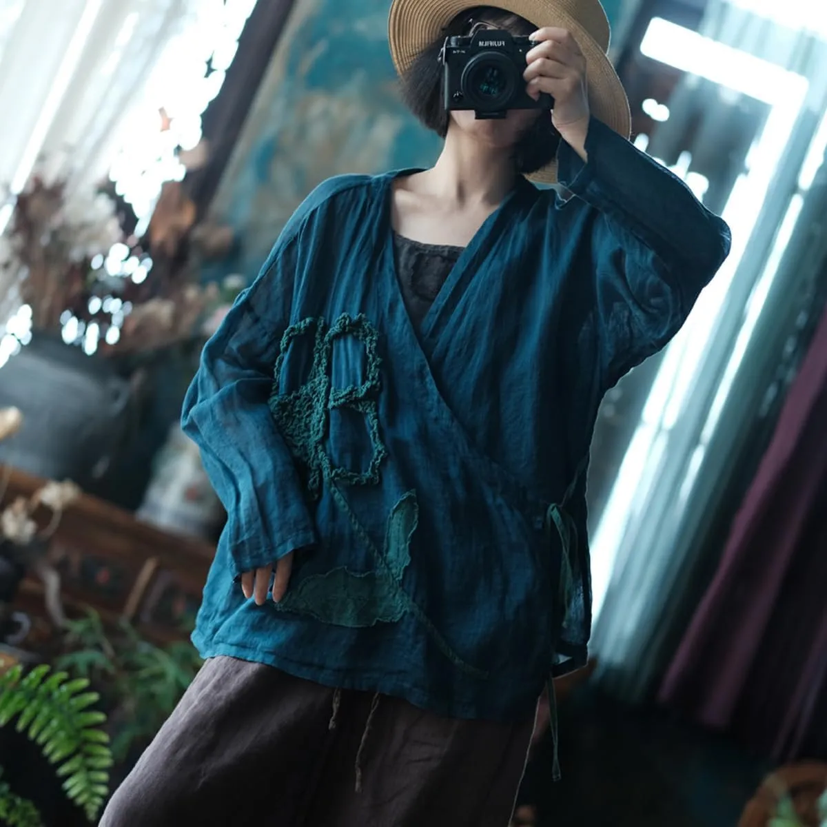 Womens Cardigan Hanten Long Sleeve Wrap Front Tie Applique Kimono Hanfu Costume Shirt Tops