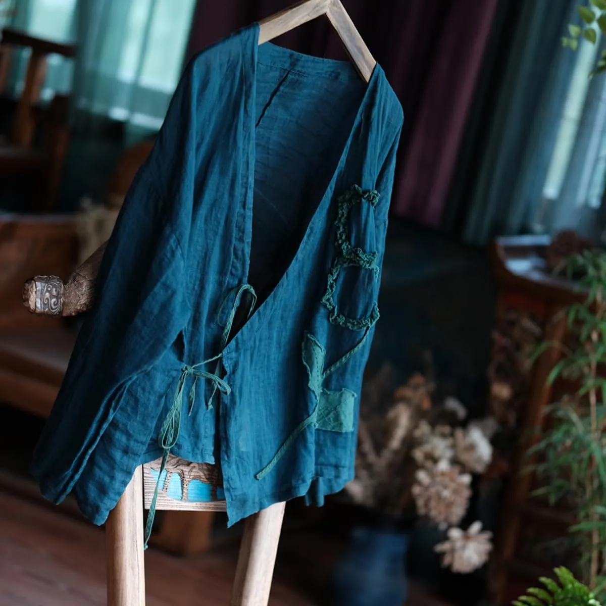 Womens Cardigan Hanten Long Sleeve Wrap Front Tie Applique Kimono Hanfu Costume Shirt Tops