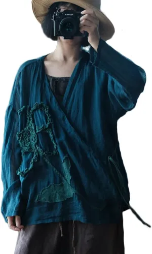 Womens Cardigan Hanten Long Sleeve Wrap Front Tie Applique Kimono Hanfu Costume Shirt Tops
