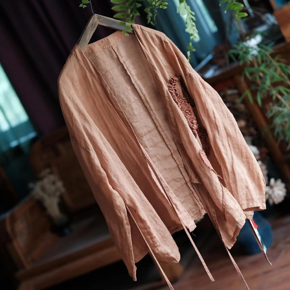 Womens Cardigan Hanten Long Sleeve Wrap Front Tie Applique Kimono Hanfu Costume Shirt Tops