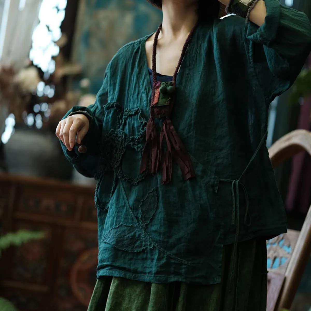 Womens Cardigan Hanten Long Sleeve Wrap Front Tie Applique Kimono Hanfu Costume Shirt Tops