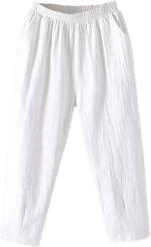 Women's Casual Cotton Linen Pants  Loose Fit Solid Color Ankle-Length Elastic Waist Summer Trousers