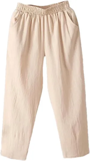 Women's Casual Cotton Linen Pants  Loose Fit Solid Color Ankle-Length Elastic Waist Summer Trousers