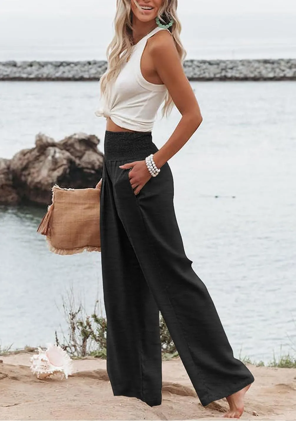Womens Casual Loose Fit Palazzo Pants Elastic High Waist Lounge Long Pajama Wide Leg Trousers with Pocket