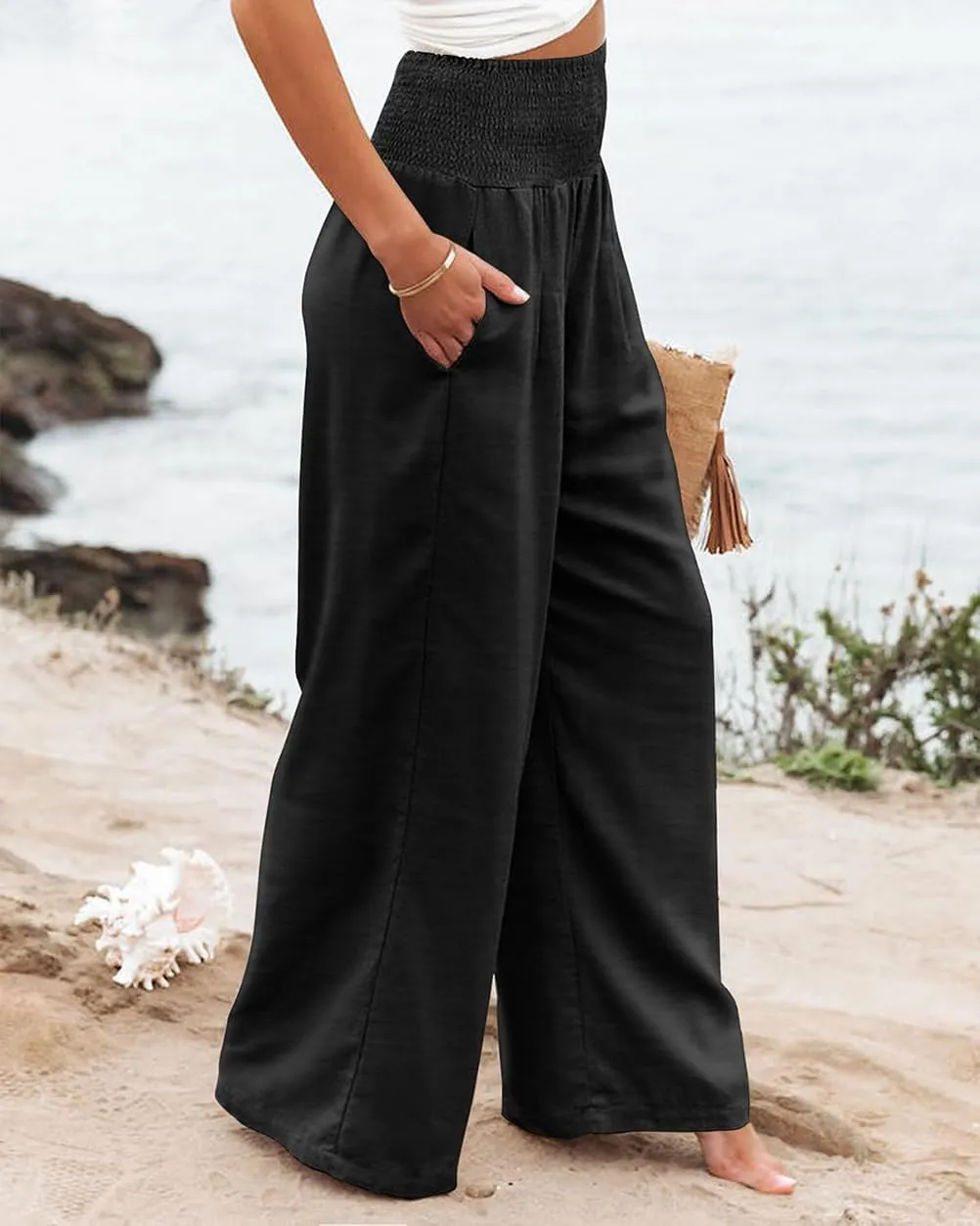 Womens Casual Loose Fit Palazzo Pants Elastic High Waist Lounge Long Pajama Wide Leg Trousers with Pocket