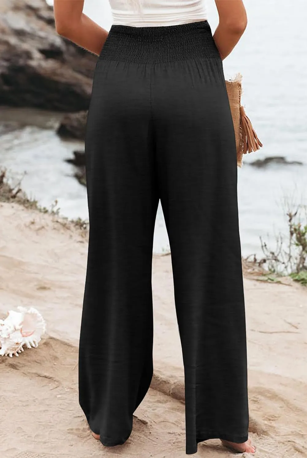 Womens Casual Loose Fit Palazzo Pants Elastic High Waist Lounge Long Pajama Wide Leg Trousers with Pocket