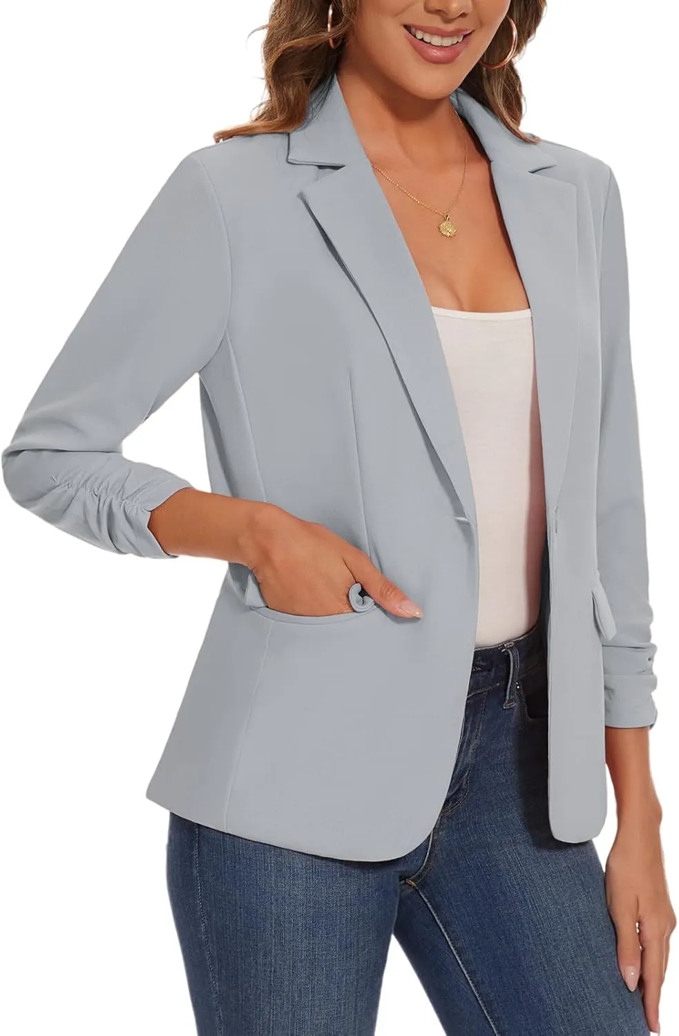 Women's Casual Single Button Front Blazer Ruched 3/4 Sleeve Notched Lapel Office Lightweight Blazers with Pockets