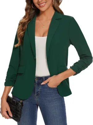 Women's Casual Single Button Front Blazer Ruched 3/4 Sleeve Notched Lapel Office Lightweight Blazers with Pockets