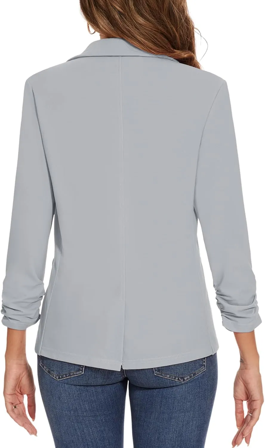 Women's Casual Single Button Front Blazer Ruched 3/4 Sleeve Notched Lapel Office Lightweight Blazers with Pockets