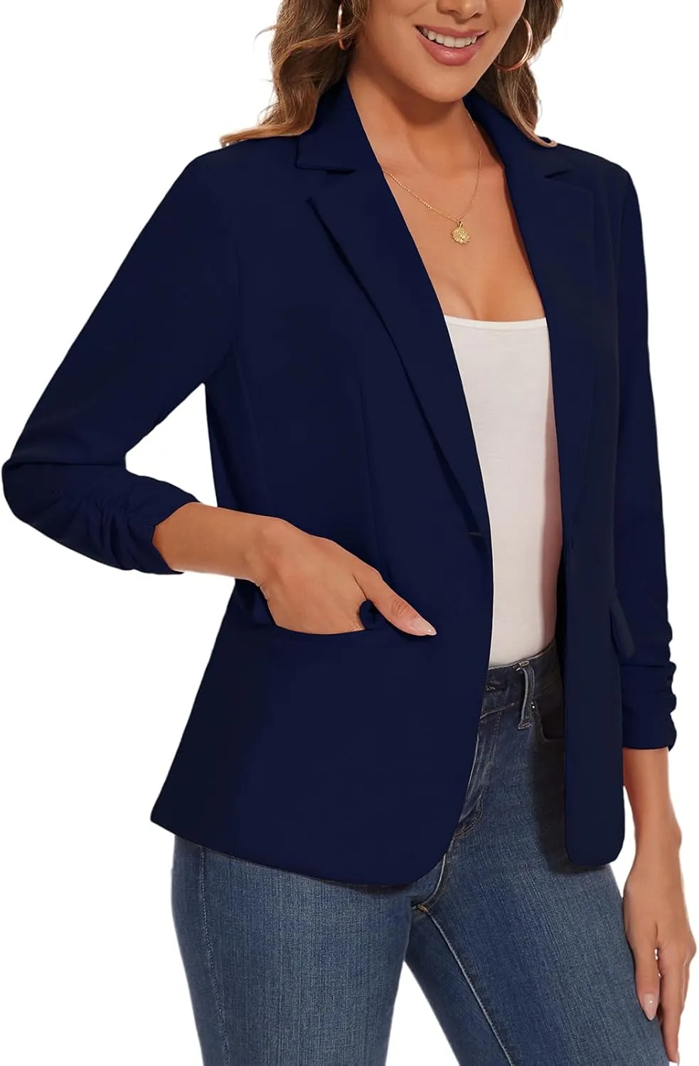 Women's Casual Single Button Front Blazer Ruched 3/4 Sleeve Notched Lapel Office Lightweight Blazers with Pockets