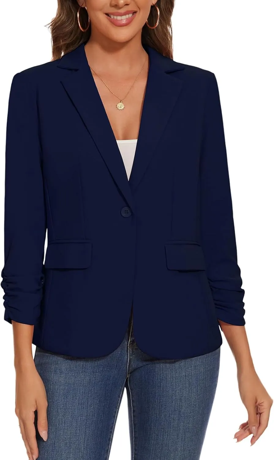 Women's Casual Single Button Front Blazer Ruched 3/4 Sleeve Notched Lapel Office Lightweight Blazers with Pockets