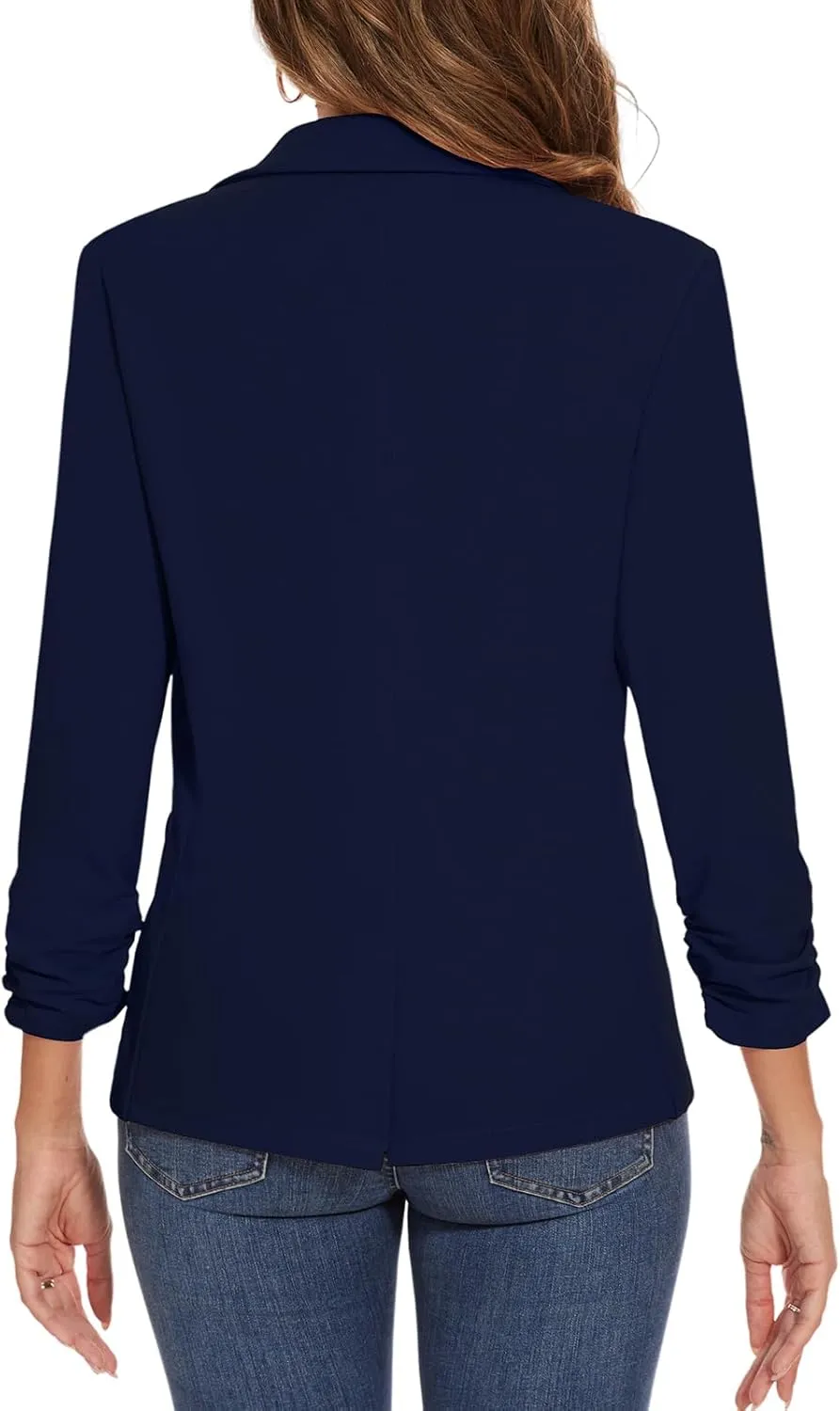 Women's Casual Single Button Front Blazer Ruched 3/4 Sleeve Notched Lapel Office Lightweight Blazers with Pockets