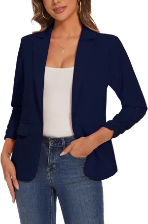 Women's Casual Single Button Front Blazer Ruched 3/4 Sleeve Notched Lapel Office Lightweight Blazers with Pockets