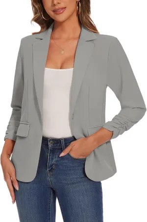 Women's Casual Single Button Front Blazer Ruched 3/4 Sleeve Notched Lapel Office Lightweight Blazers with Pockets