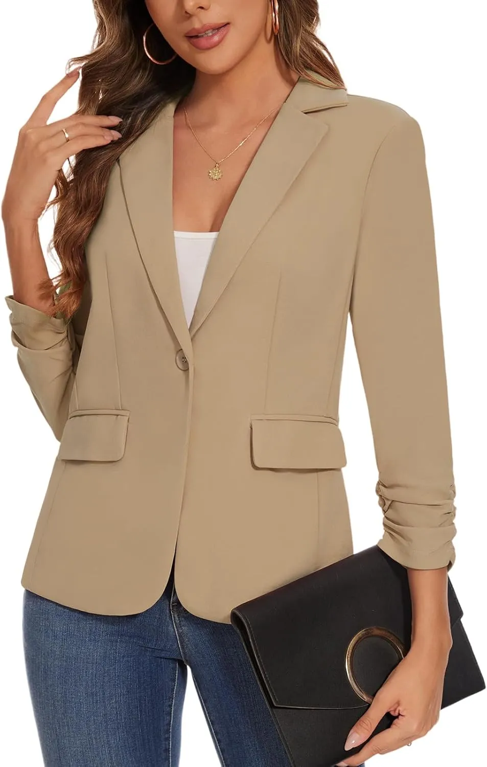 Women's Casual Single Button Front Blazer Ruched 3/4 Sleeve Notched Lapel Office Lightweight Blazers with Pockets