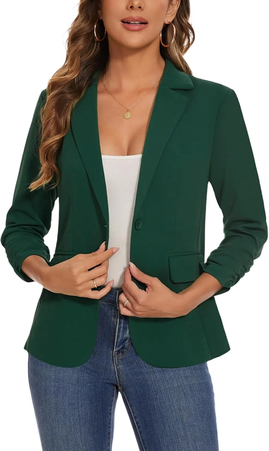 Women's Casual Single Button Front Blazer Ruched 3/4 Sleeve Notched Lapel Office Lightweight Blazers with Pockets