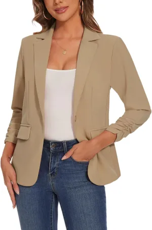 Women's Casual Single Button Front Blazer Ruched 3/4 Sleeve Notched Lapel Office Lightweight Blazers with Pockets