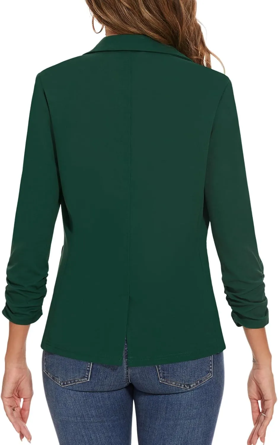 Women's Casual Single Button Front Blazer Ruched 3/4 Sleeve Notched Lapel Office Lightweight Blazers with Pockets