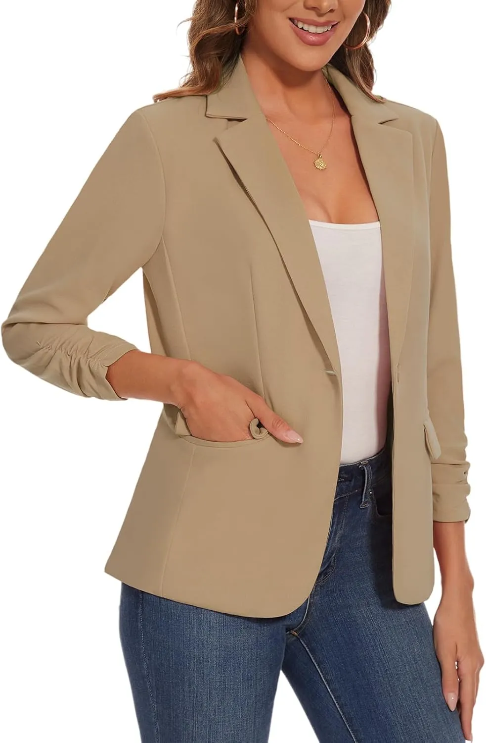 Women's Casual Single Button Front Blazer Ruched 3/4 Sleeve Notched Lapel Office Lightweight Blazers with Pockets