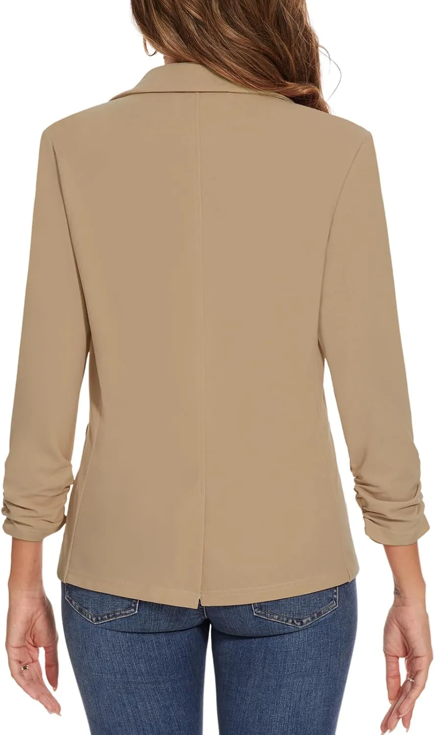 Women's Casual Single Button Front Blazer Ruched 3/4 Sleeve Notched Lapel Office Lightweight Blazers with Pockets